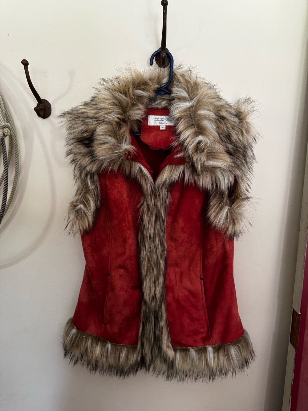 Tasha Polizzi Red Faux-Suede Vest with Taupe Faux Fur Trim